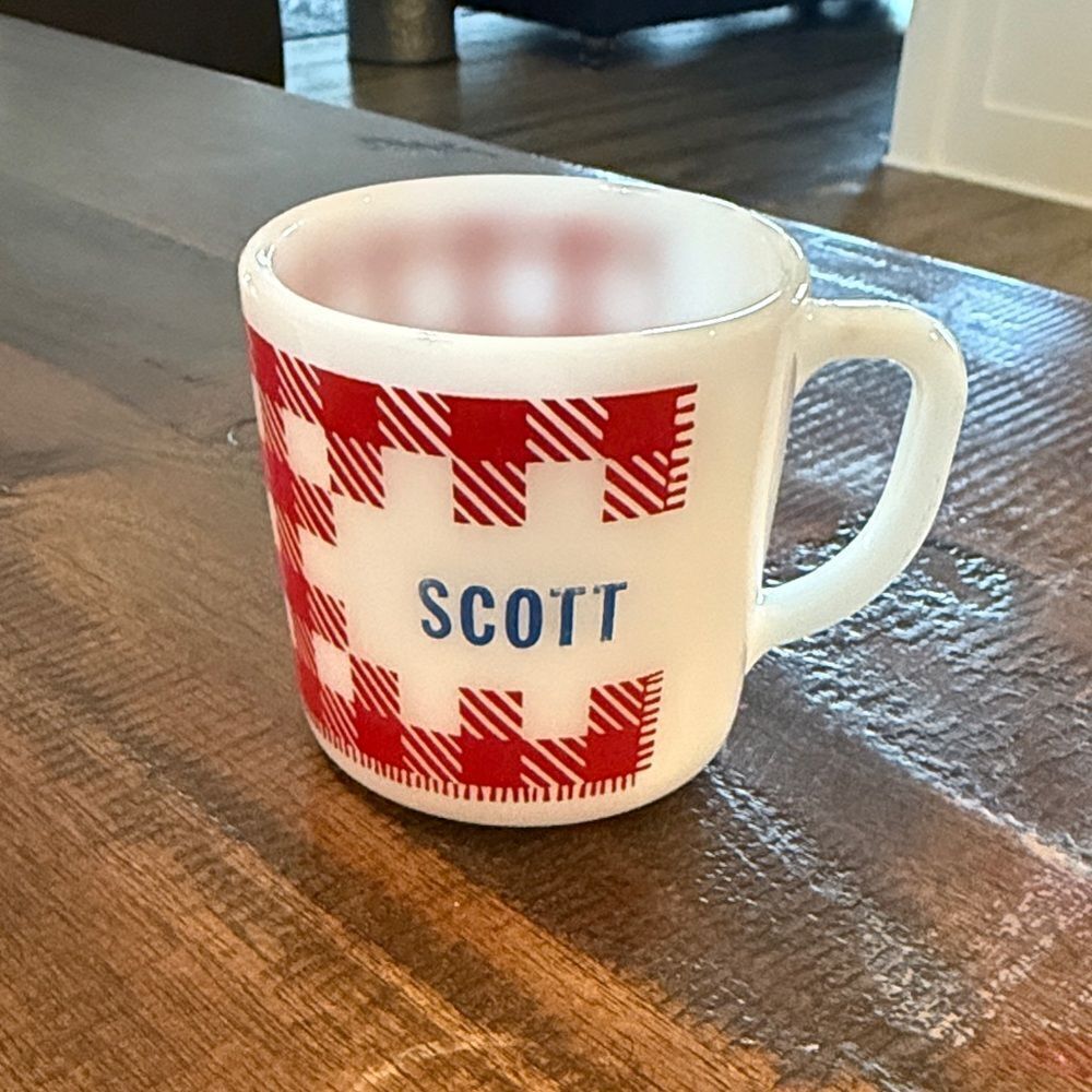 Westfield Vintage Milk Glass Personalized “Scott” Gingham Plaid Coffee Mug
